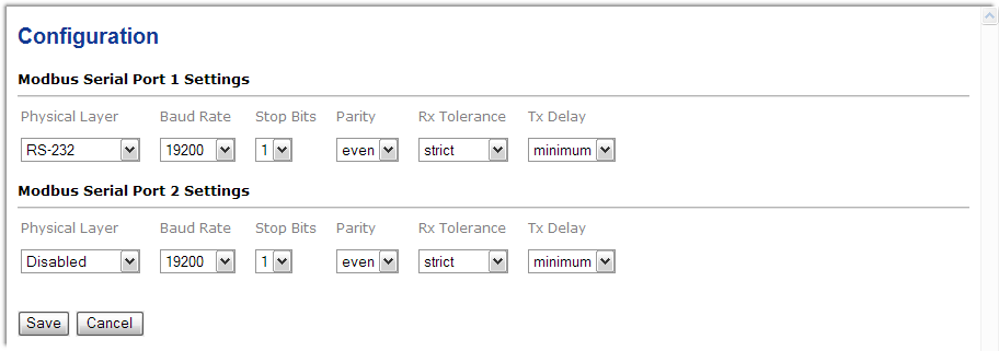 Modbus settings screen