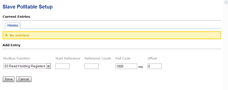 Slave Polltable Setup page