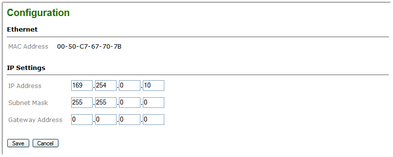 Ethernet and IP settings screen