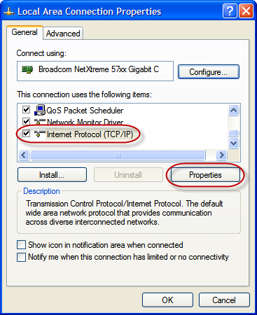 Local area connection properties dialog