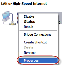 Windows local area connection context menu